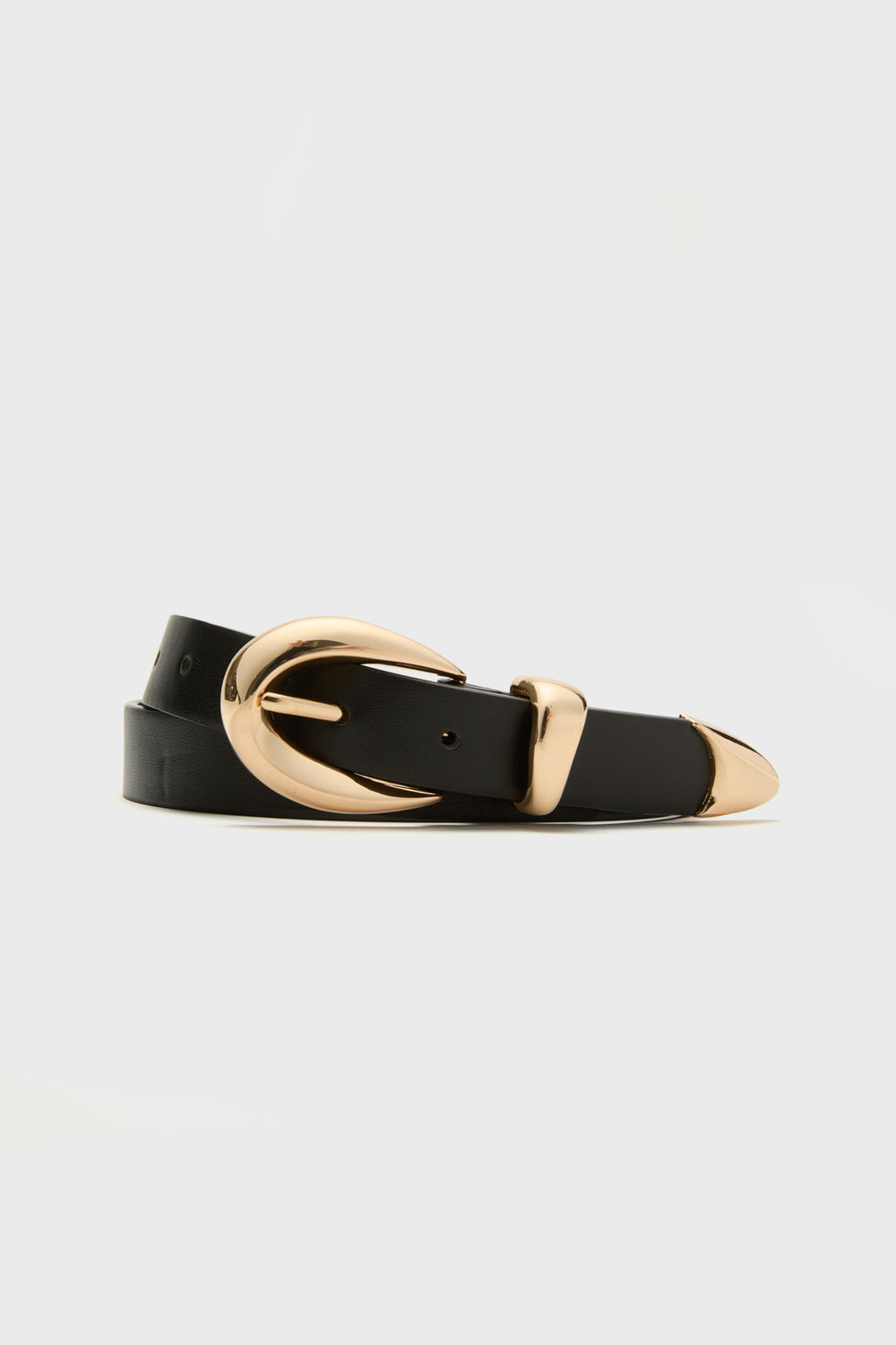 A stylish black leather belt by Petit Moments, adjustable in length, with a polished gold metal buckle and tip, neatly coiled.