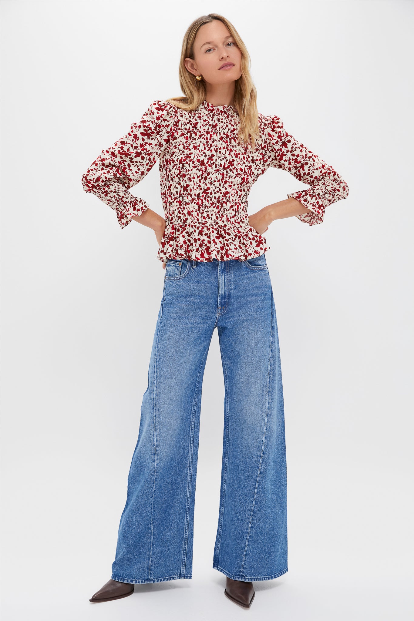 Red & Cream Floral Smocked Cynthia Blouse