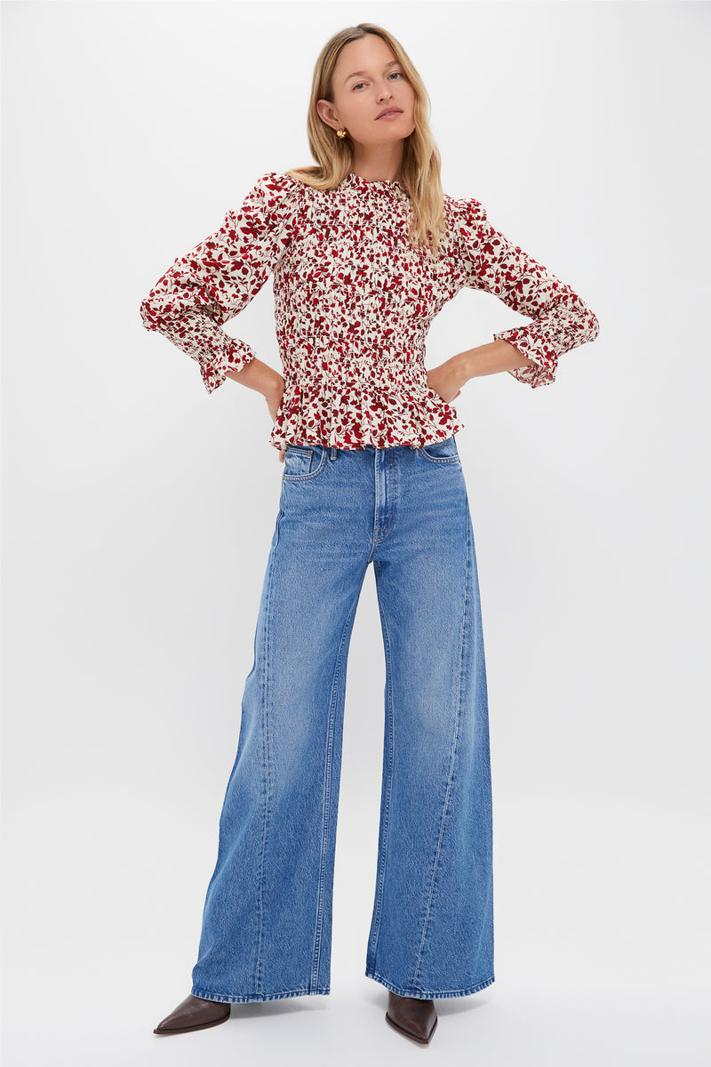 Red & Cream Floral Smocked Cynthia Blouse