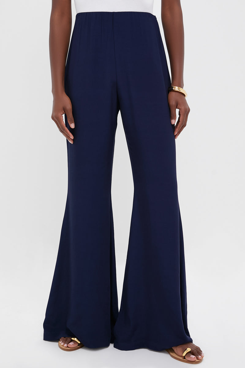 Navy Viscose Charmeuse Moore Wide Leg Pant
