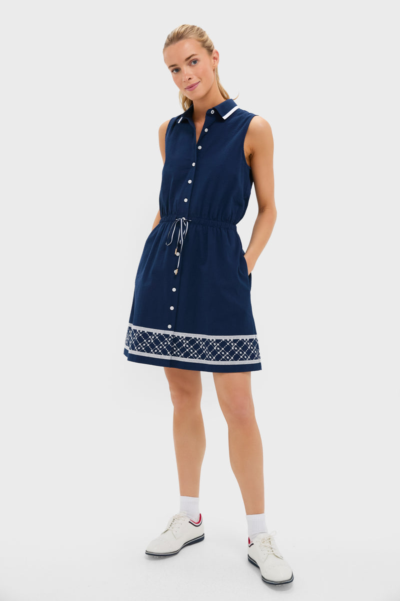 Navy and White Embroidered Sleeveless Performance Seersucker Alcott Golf Dress