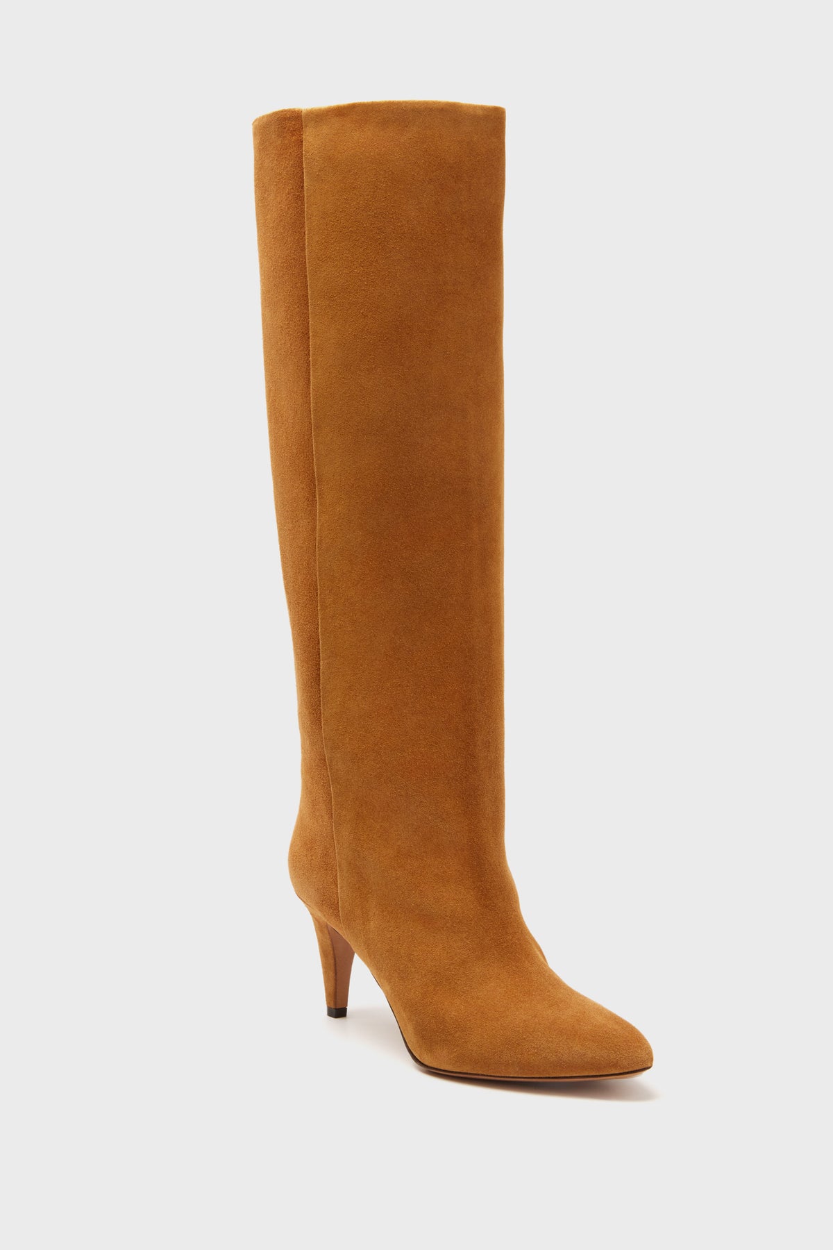 A single tan pointed toe suede boot with a mid-height heel from Isabel Marant, inspired by the Cognac Laspi Boots.