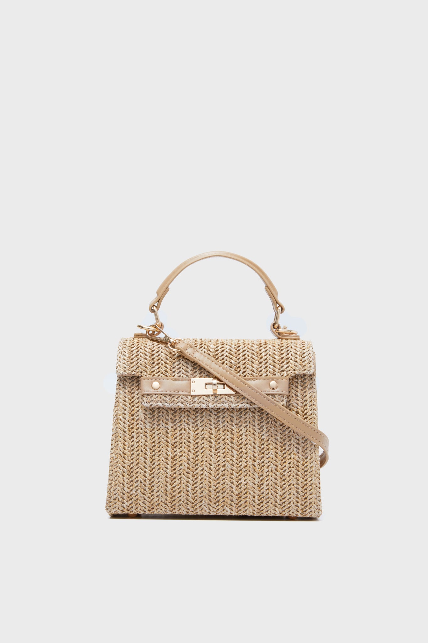 The Urban Expressions structured straw-woven vegan bag features a top handle, gold-tone hardware, and a detachable shoulder strap—ideal for those seeking stylish, animal-friendly handbags.