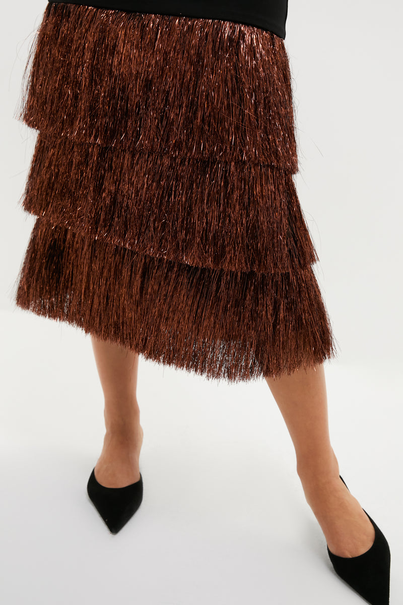 Black & Bronze Metallic Fringe Francie Short Sleeve Maxi Dress