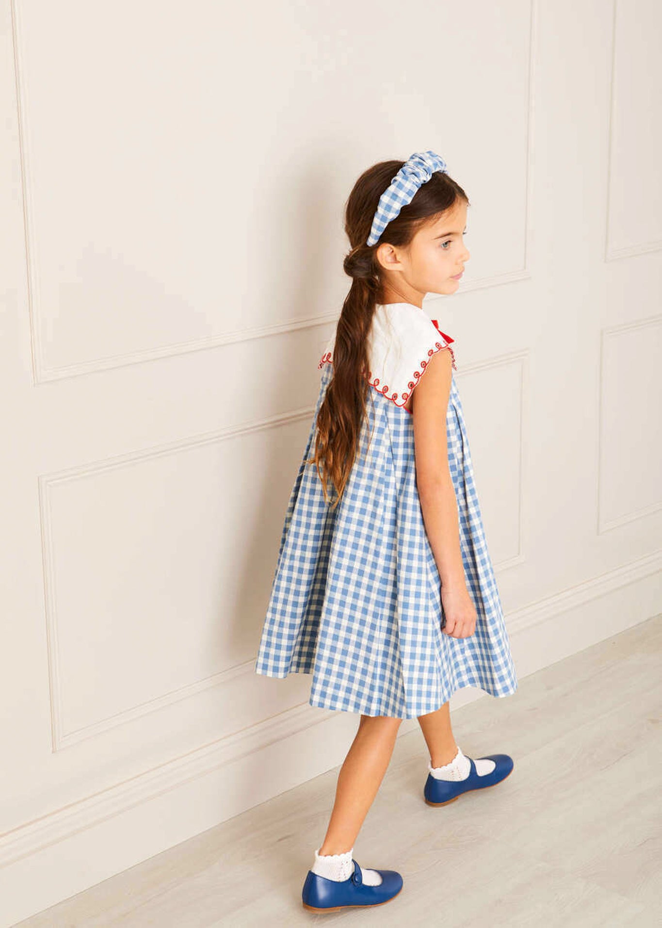 Embroidered Gingham Sleeveless Dress in Blue