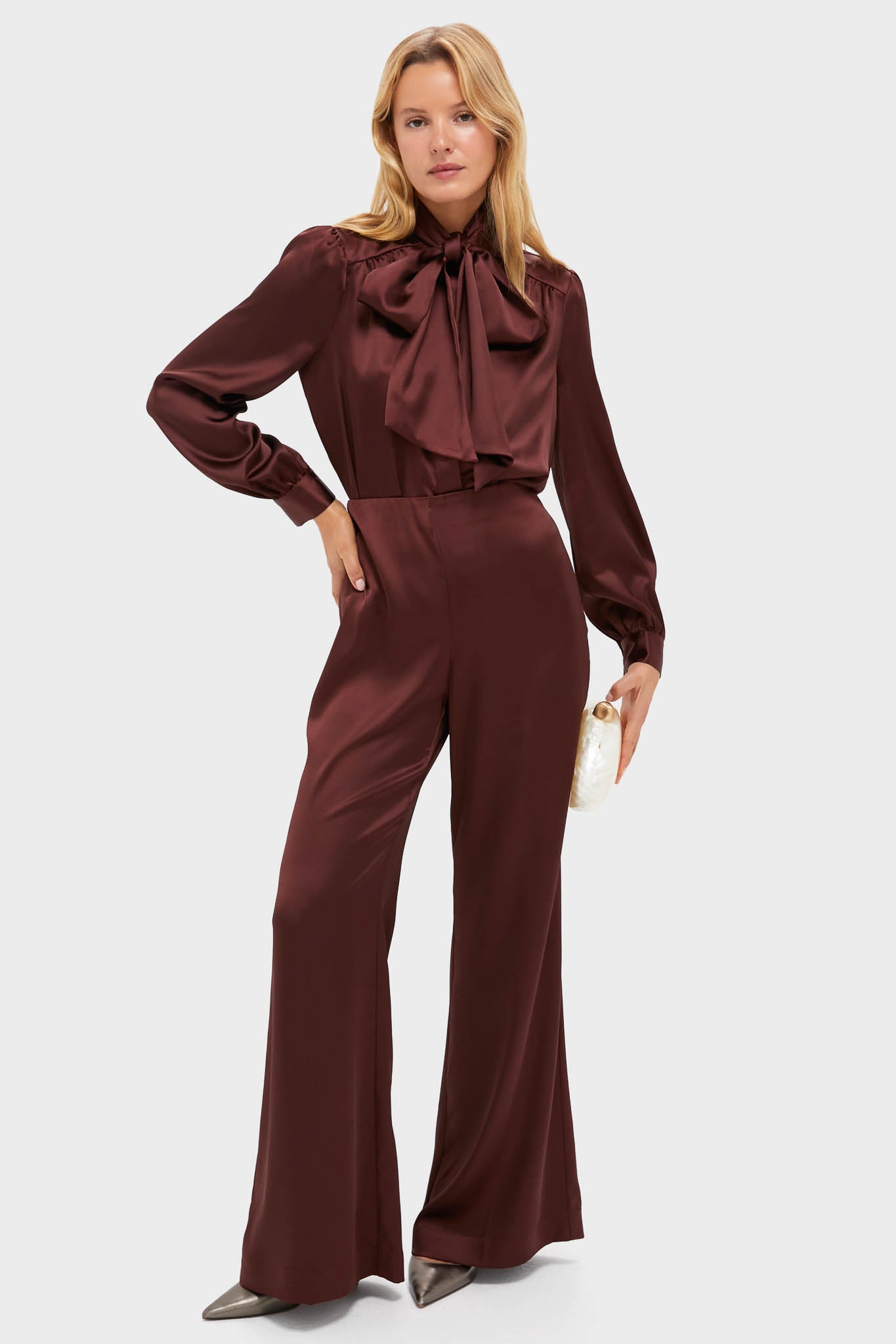 Chocolate Satin Brianna Bow Blouse