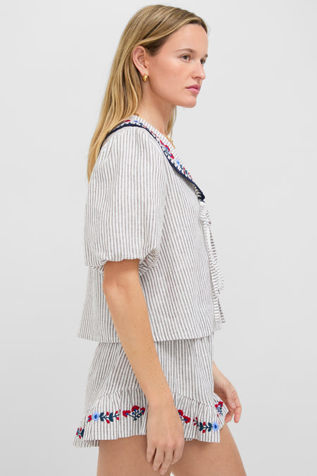 Tan Stripe Embroidered Falyn Top
