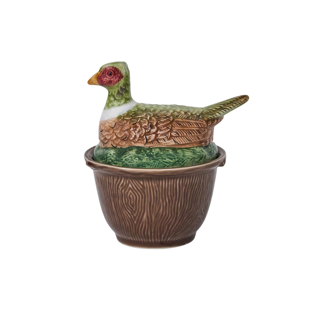 A Juliska ceramic container with a lid shaped like a pheasant perched on top and a wood grain-inspired base—ideal for ceramic bowls or adding charm to autumn tablescapes.