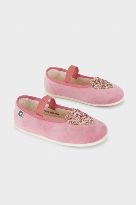 Classic Pink Velvet Mary Jane Flats with glittery heart appliqué and elastic strap, offering effortless style and fun comfort for children's high-end adventures.