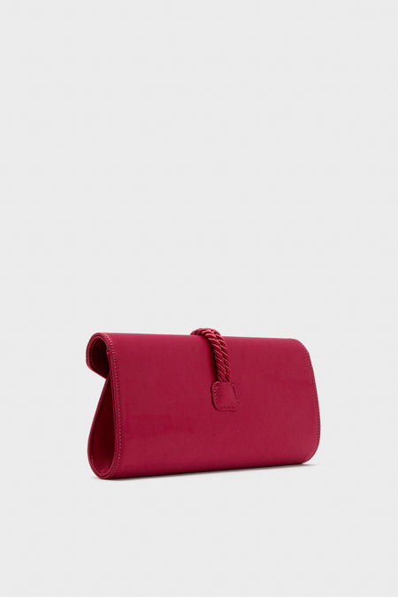 Cranberry Satin Gabrielle Clutch: a classic, high-end red clutch with an effortless envelope silhouette and braided tassel, perfect for fun evenings out.