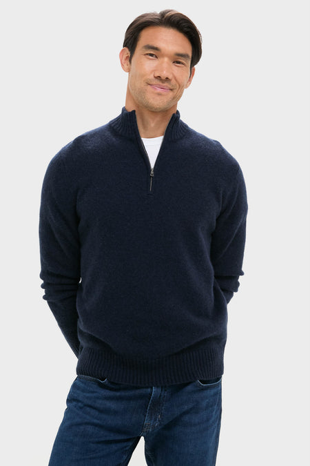 Navy Cashmere Wool Jersey Knit Quarter-Zip