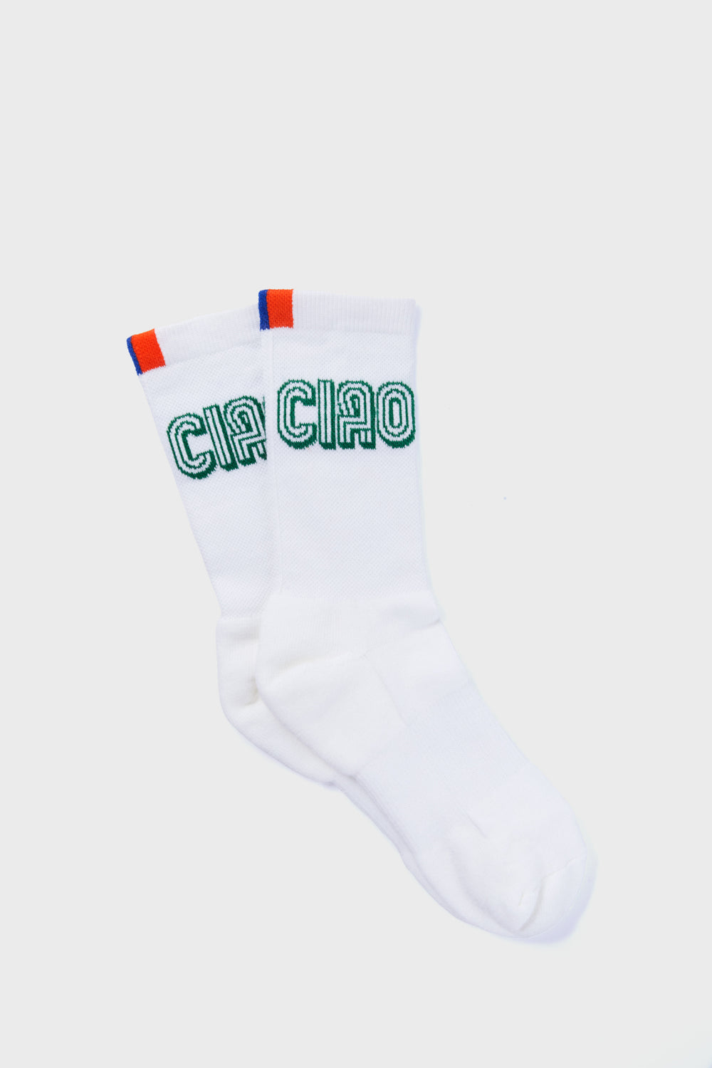 These comfortable women's socks by KULE feature "CIAO" in green on the cuffs, with red and blue tabs at the top—perfect striped socks to enhance any wardrobe.