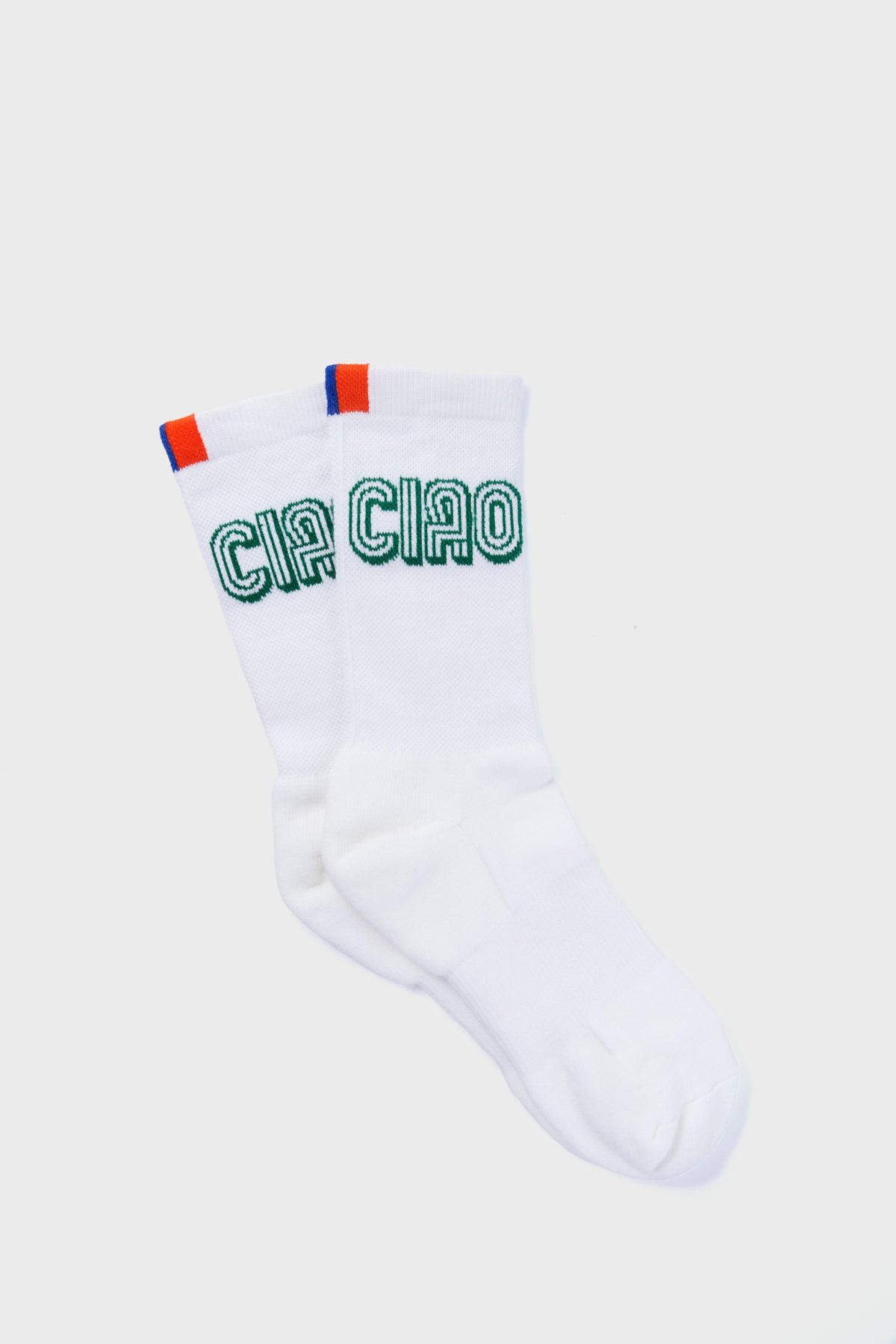 These comfortable women's socks by KULE feature "CIAO" in green on the cuffs, with red and blue tabs at the top—perfect striped socks to enhance any wardrobe.