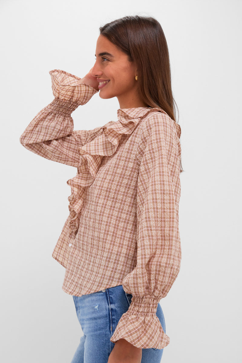Tan and Pink Plaid V Neck Ruffle Eileen Button Down