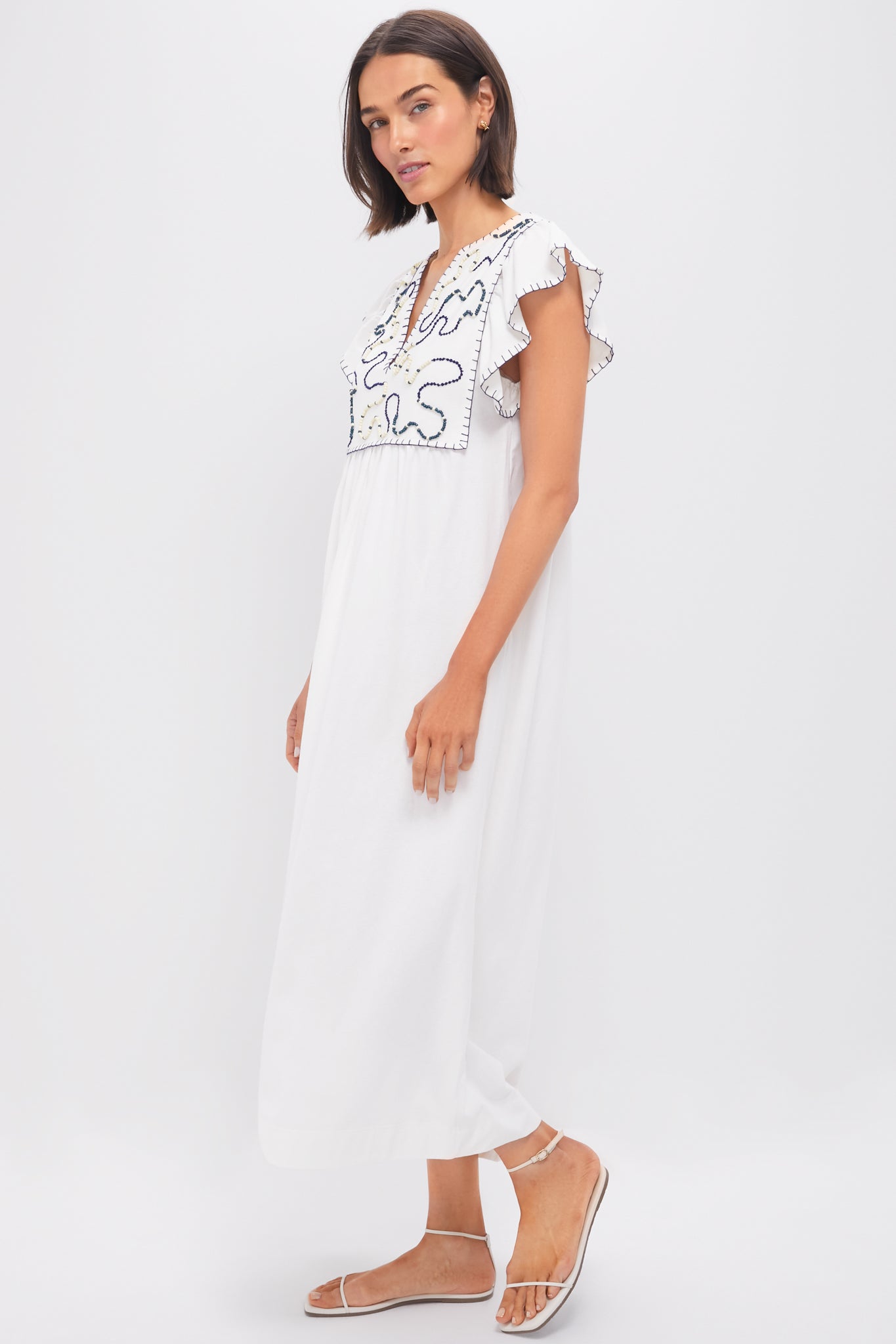 Off White Embroidered Midi Dress