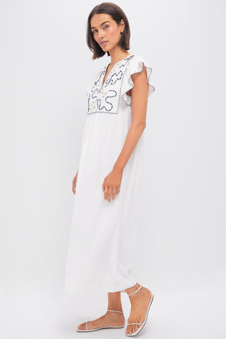 Off White Embroidered Midi Dress