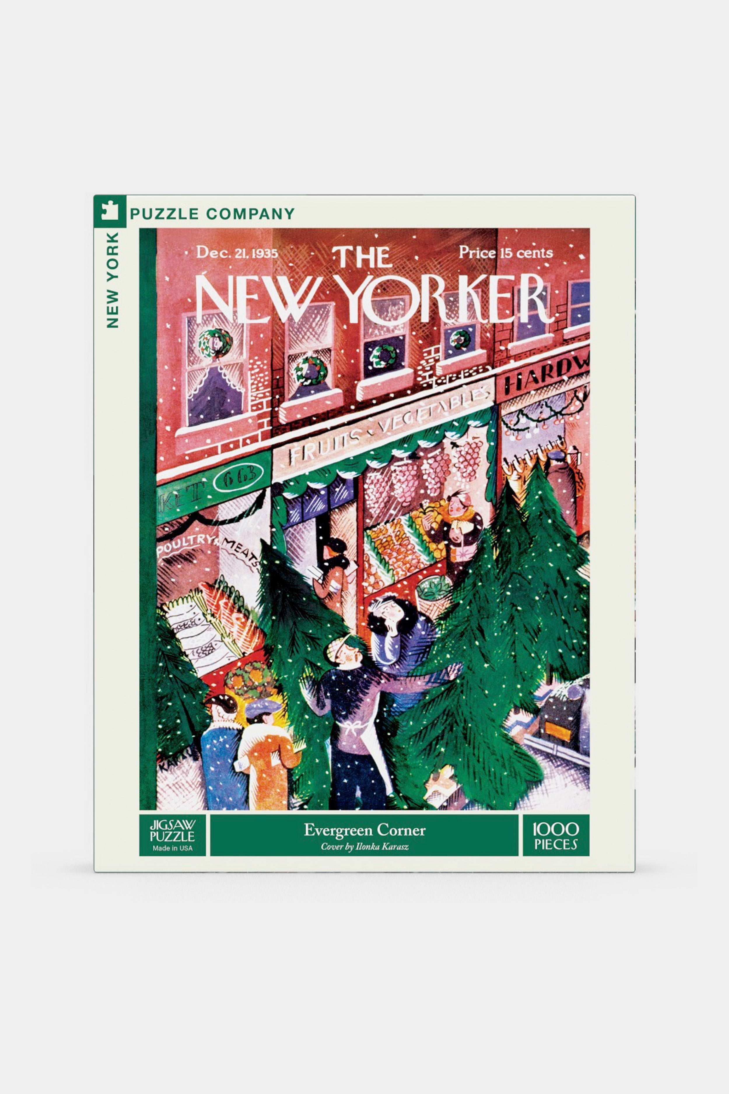 A New York Puzzle Company jigsaw featuring Ilonka Karasz’s illustration of people gathered in front of a store.