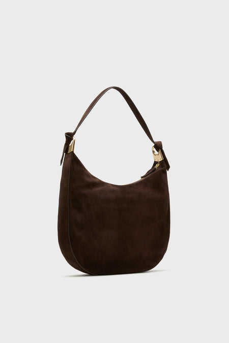 Tmoro Suede with Gold Morgan Shoulder Bag: A classic hobo-style with a crescent silhouette, effortless gold hardware, and fun knotted strap, perfect for high-end everyday elegance.