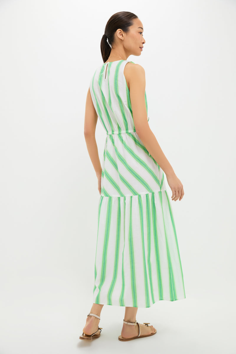 Green Stripe Bran Midi Dress with Tie