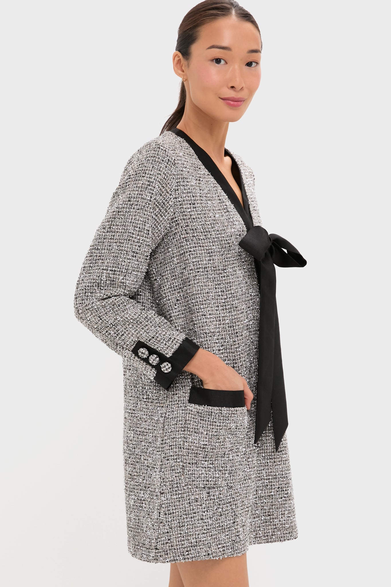 Silver Coco Tweed Bow Dress