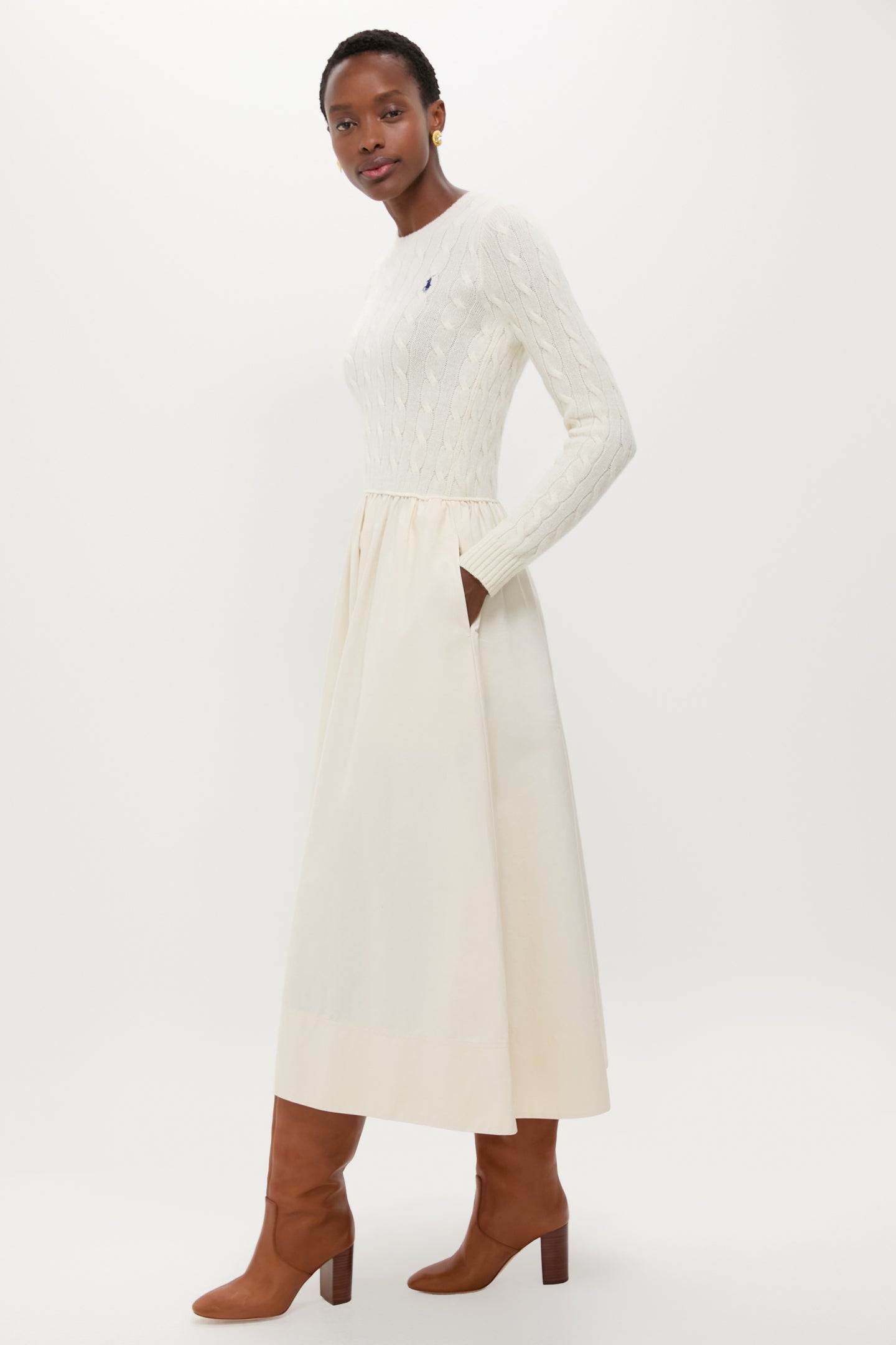 Authentic Cream Crewneck Long Sleeve Fit and Flare Dress