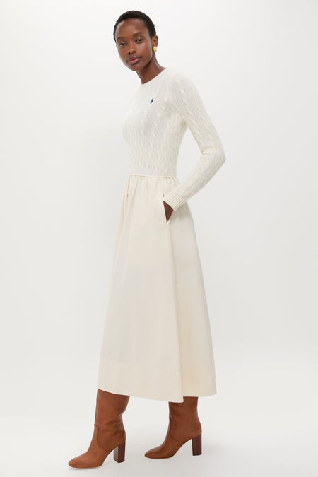 Authentic Cream Crewneck Long Sleeve Fit and Flare Dress