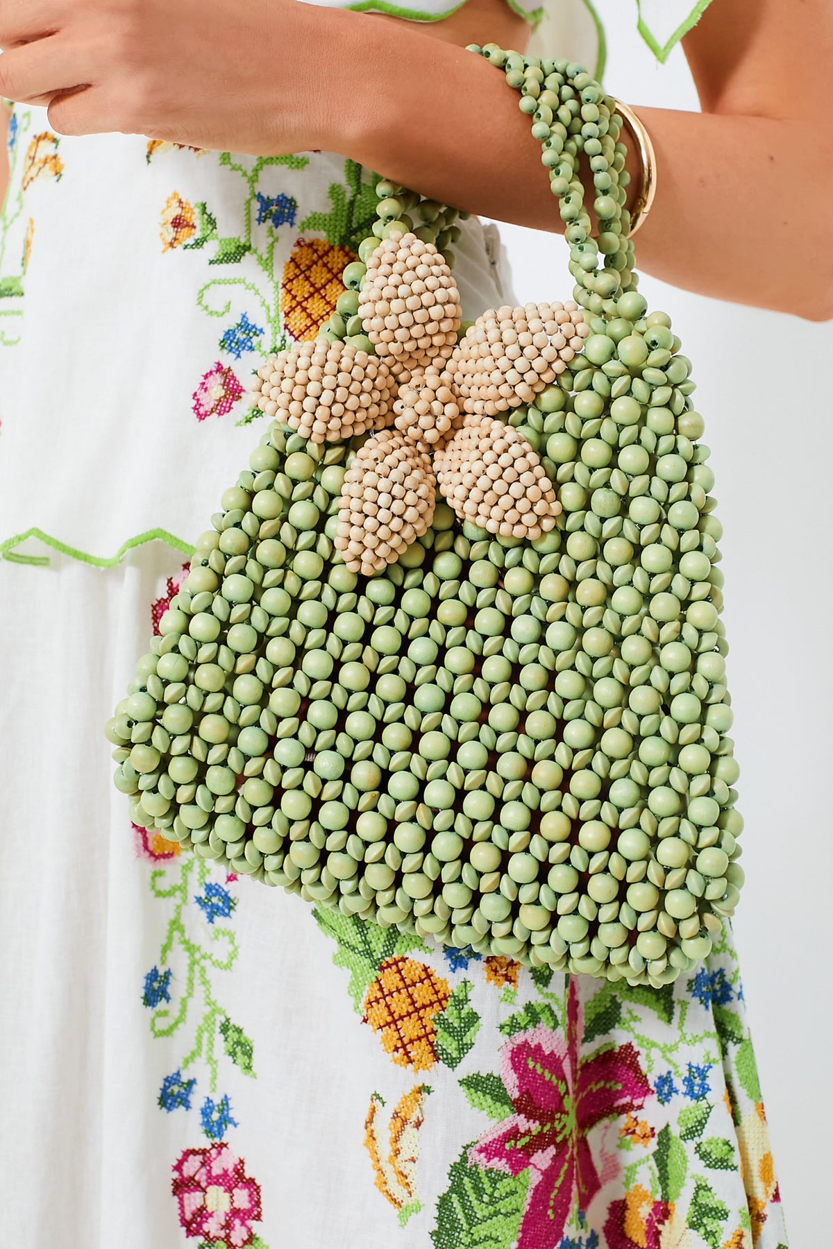 Apple Green and Cream Flower Trapezoid Flora Bag