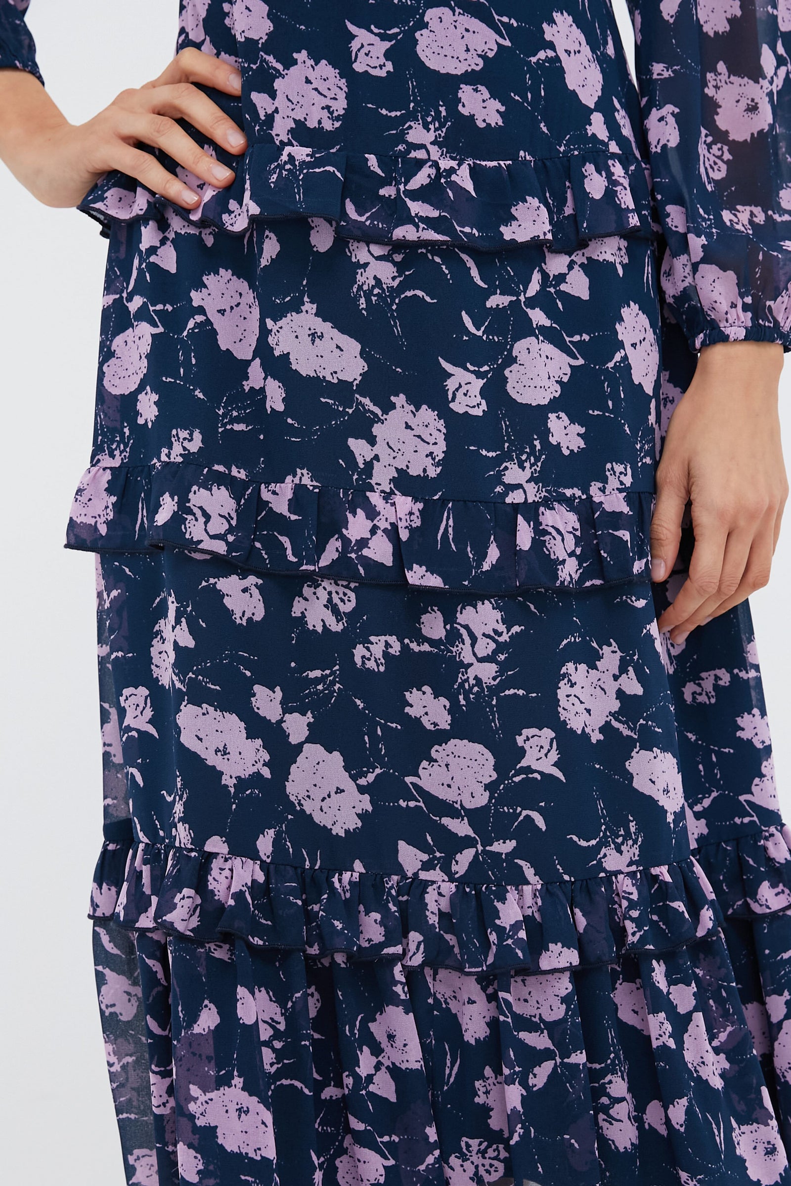 Navy & Blush Abstract Floral Rosalind Ruffle Midi Dress