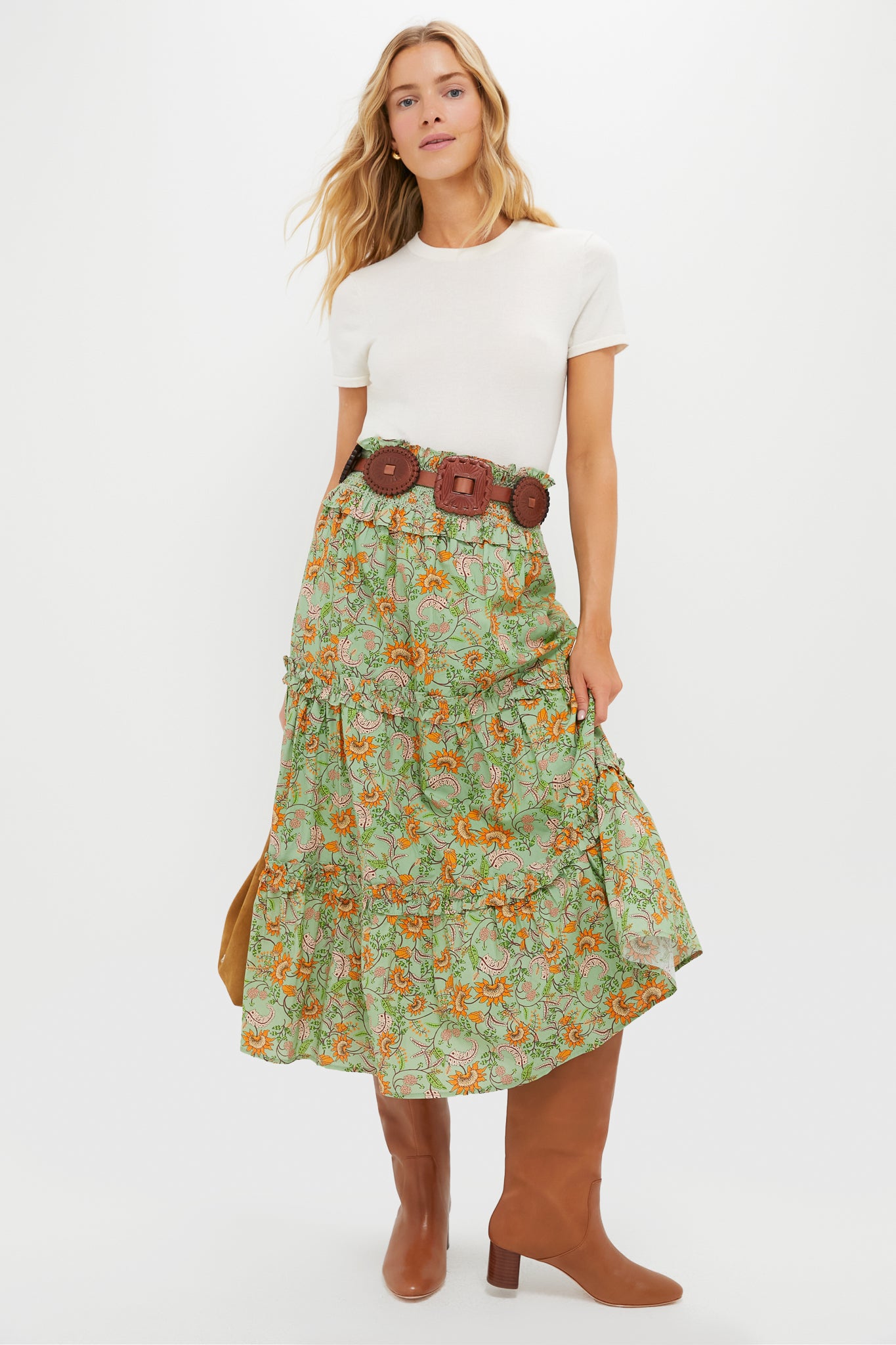Mint & Orange Floral Smocked Odette Midi Skirt | Hyacinth House