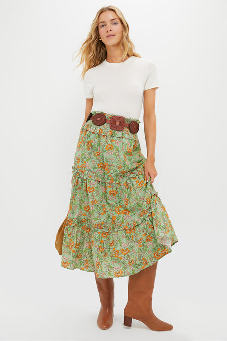 Mint & Orange Floral Smocked Odette Midi Skirt
