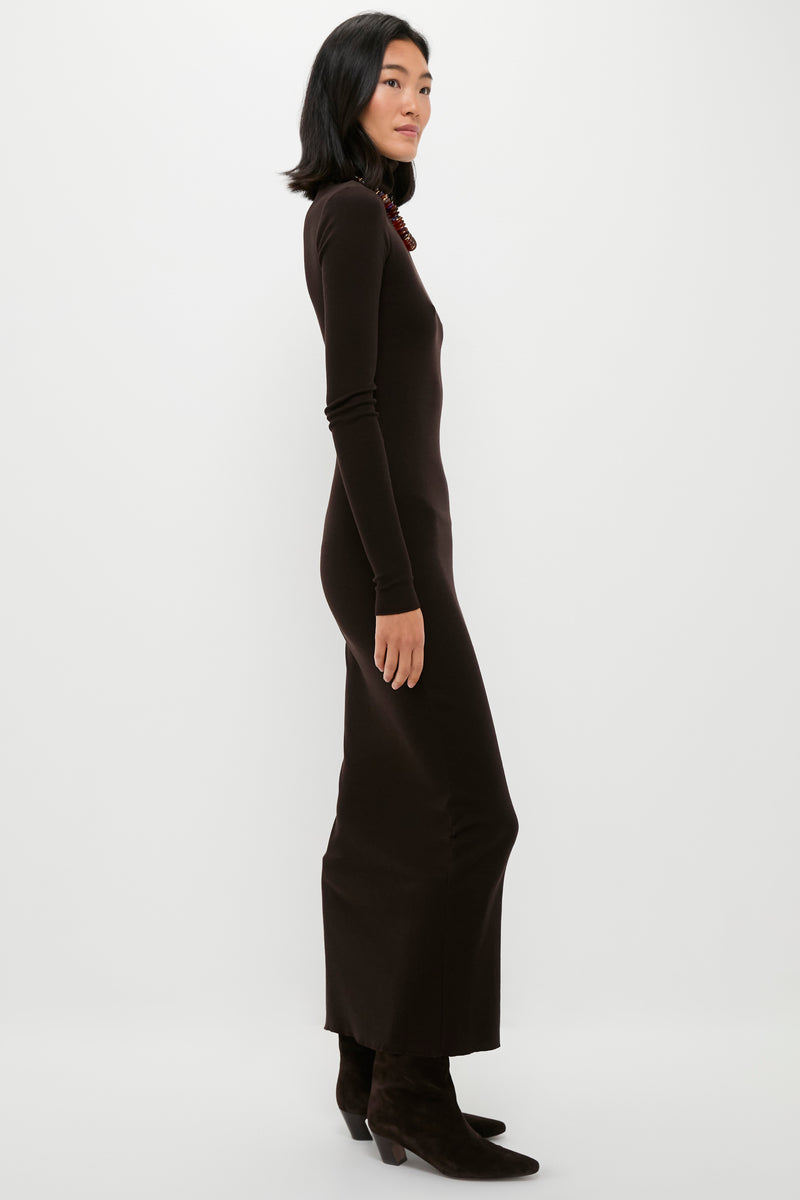 Brown Melange Rib Knit Turtleneck Column Dress