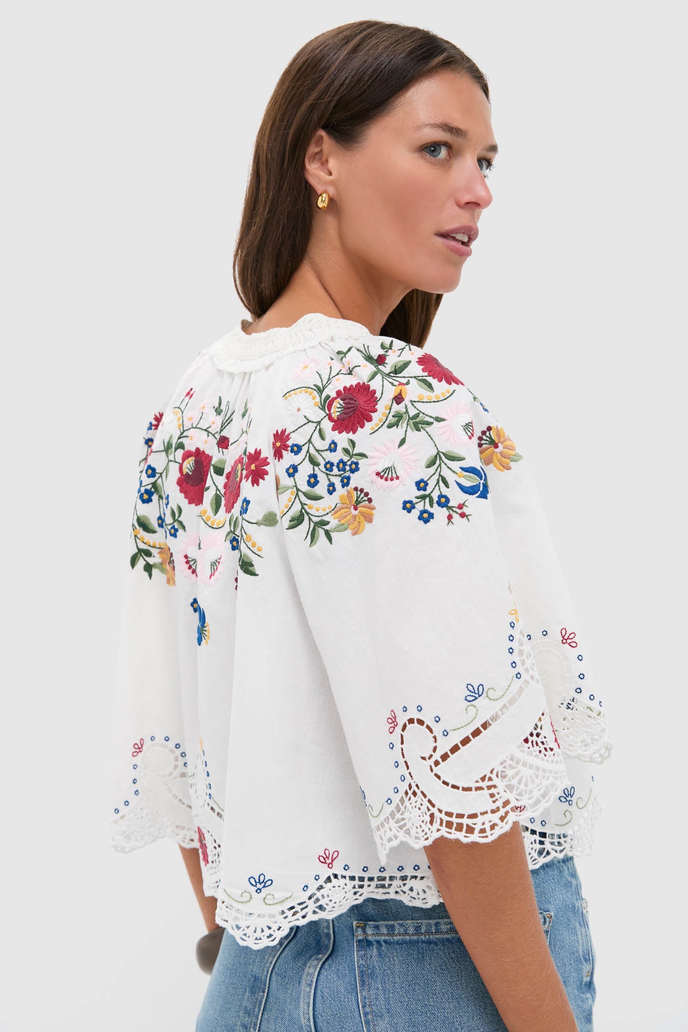 Cream Celia Embroidery Short Sleeve Top