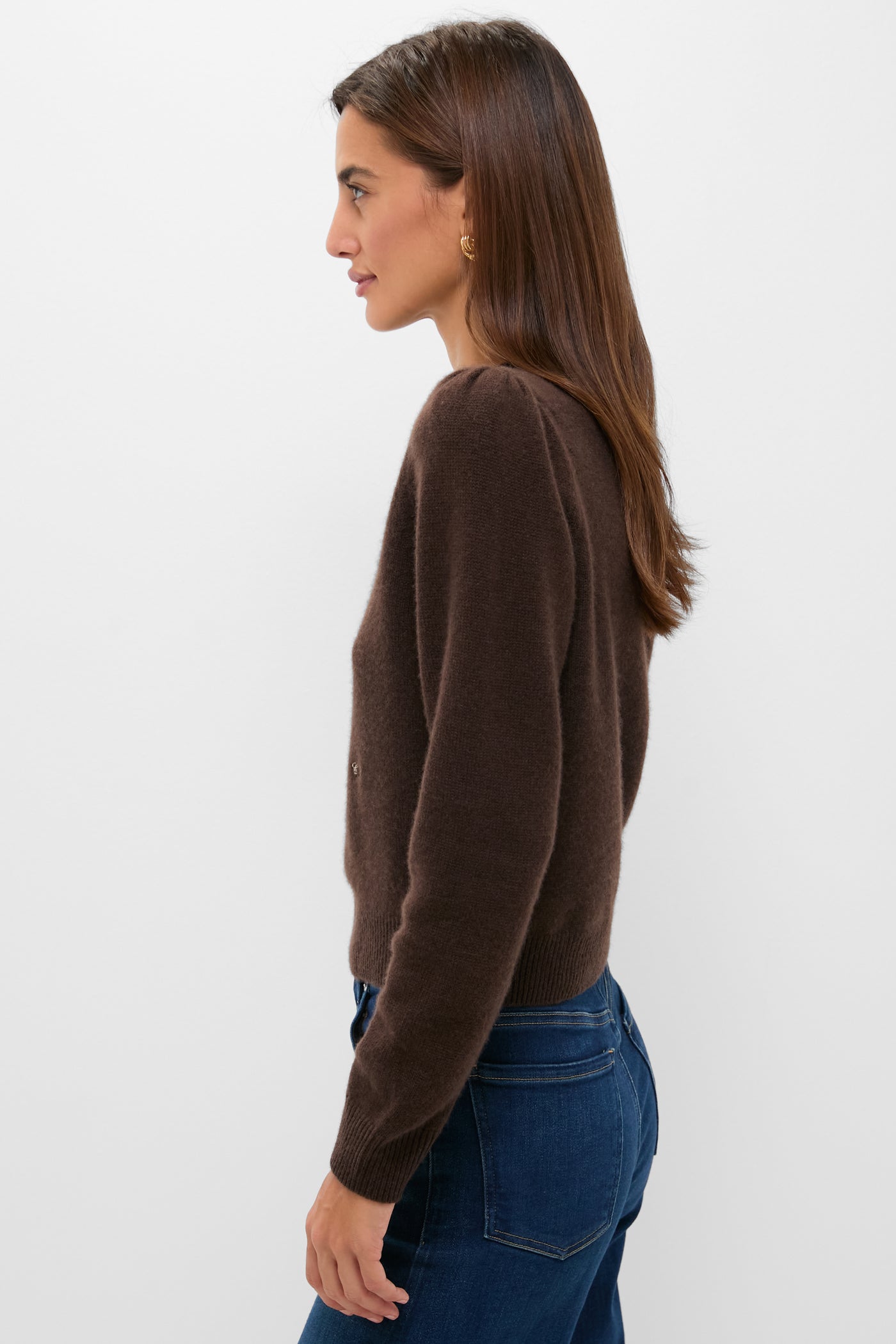 Chocolate Cashmere Puff Sleeve Macy Crewneck Sweater