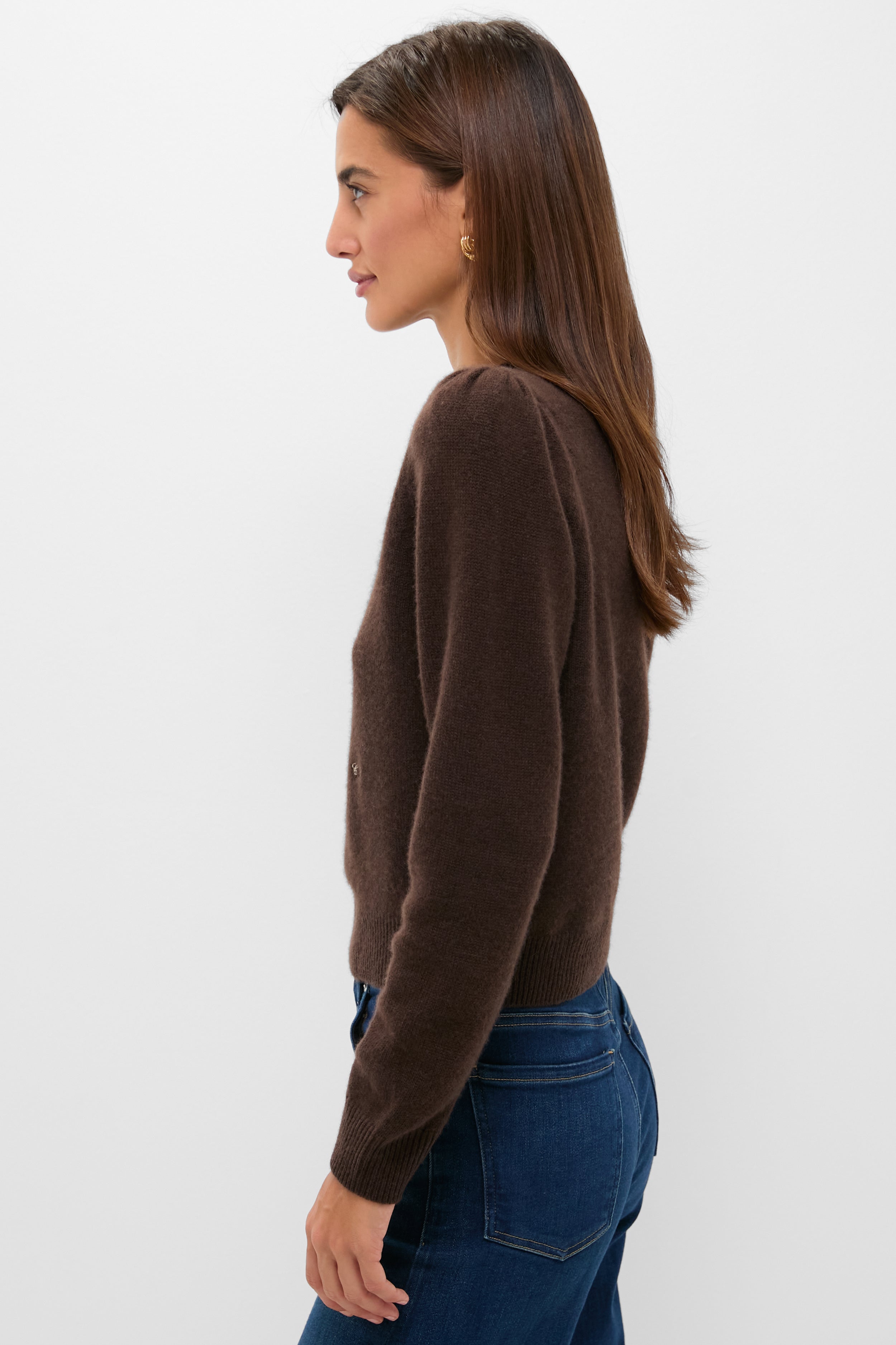 Chocolate Cashmere Puff Sleeve Macy Crewneck Sweater