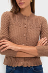Mocha Pointelle Capucine Cardigan exudes classic elegance with intricate knit, scalloped edges, and covered buttons, creating an effortless, high-end style perfect for fun, versatile layering.