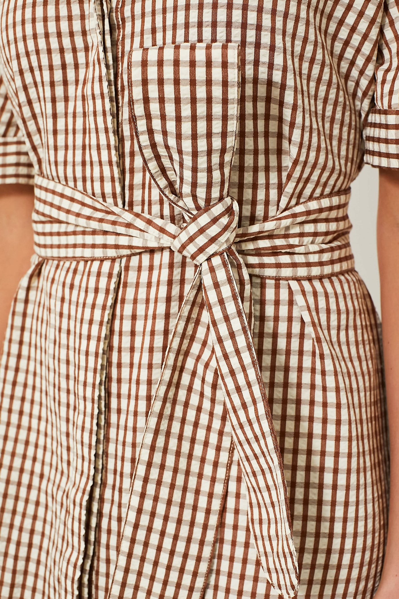 Brown Gingham Seersucker Zacara Dress Pomander Place Light Brown Gingham / XS Brown Gingham Seersucker Zacara Dress Pomander Place Light Brown Gingham / XS