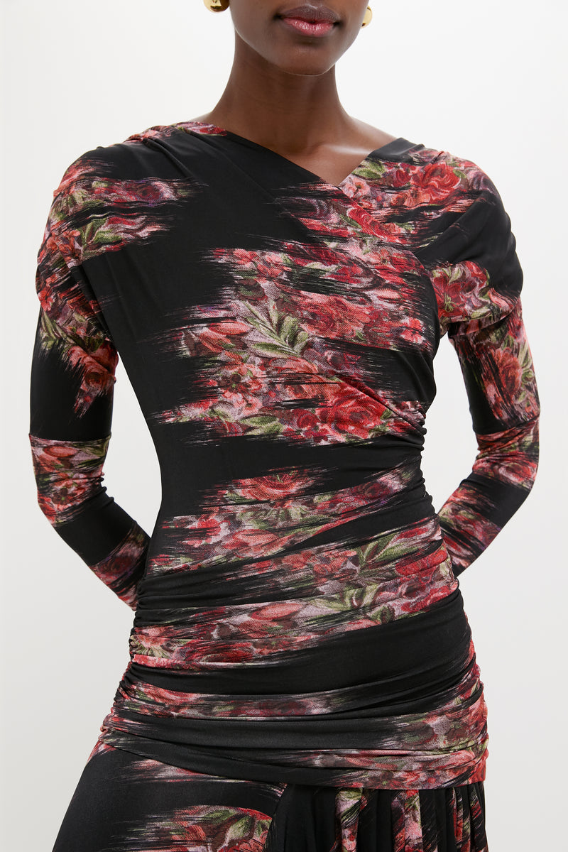 Black Printed Shiny Jersey Ruched Long Dress