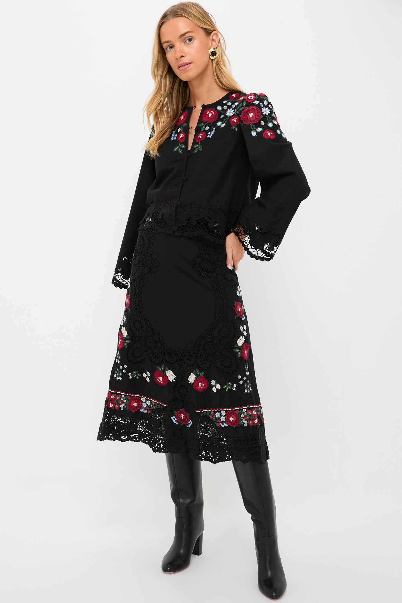 Black Rosaline Embroidery Long Sleeve Button Up Top