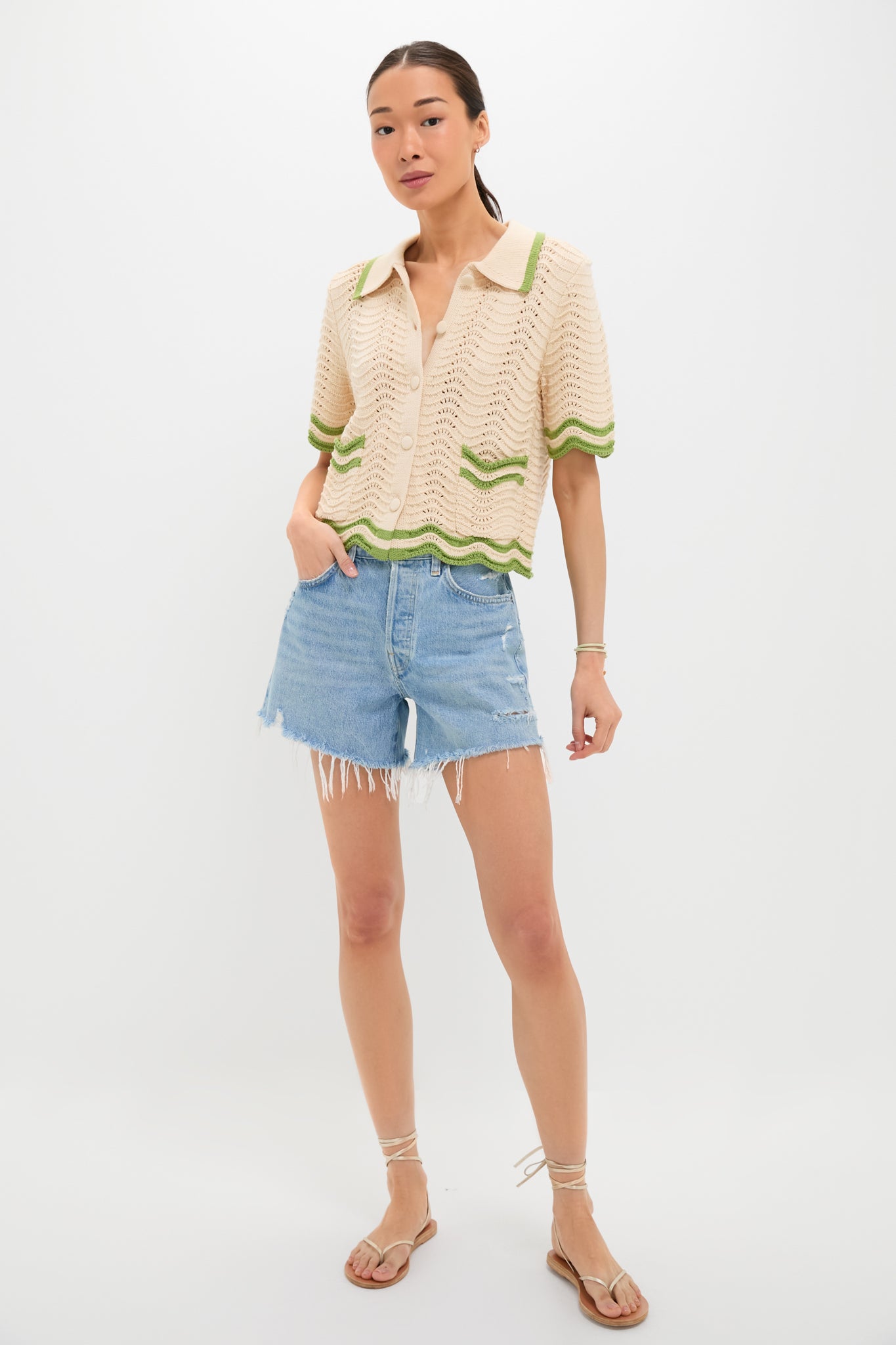 Cream and Sage Amelia Scallop Hem Button Up Crochet Cardigan