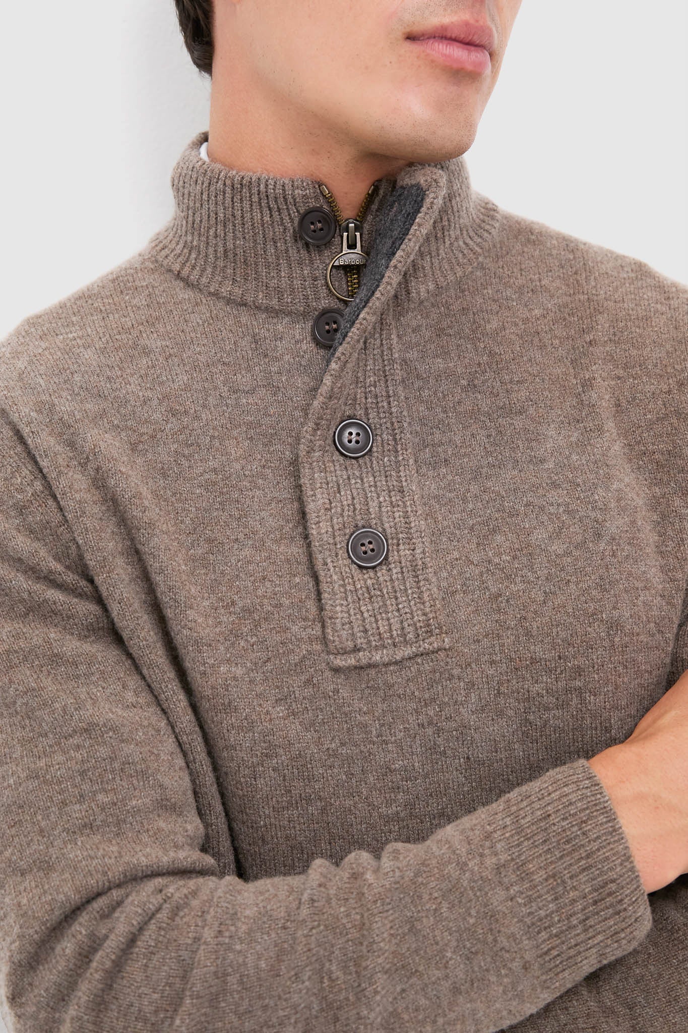 Dark Stone Essential Patch Half Zip Knitted Jumper: Classic, effortless design featuring a ribbed mock neck, branded zip, and leather elbow patches, perfect for a fun, high-end look.