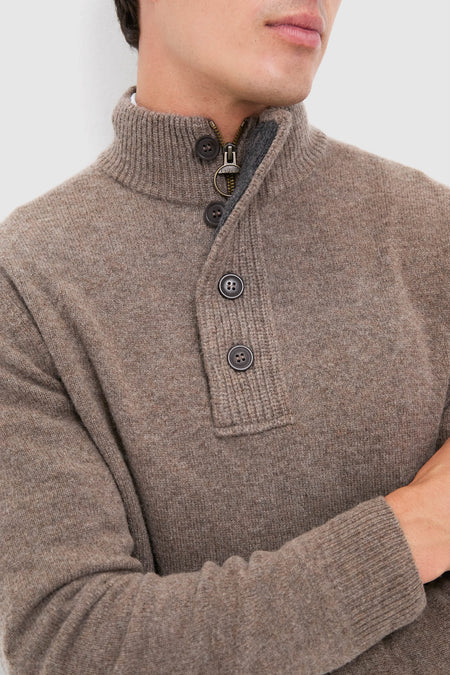 Dark Stone Essential Patch Half Zip Knitted Jumper: Classic, effortless design featuring a ribbed mock neck, branded zip, and leather elbow patches, perfect for a fun, high-end look.