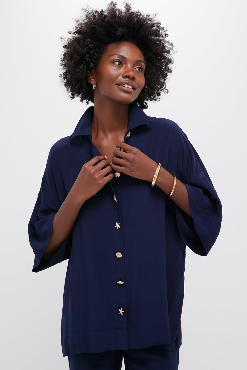 Navy Viscose Charmeuse Nautilus Blouse