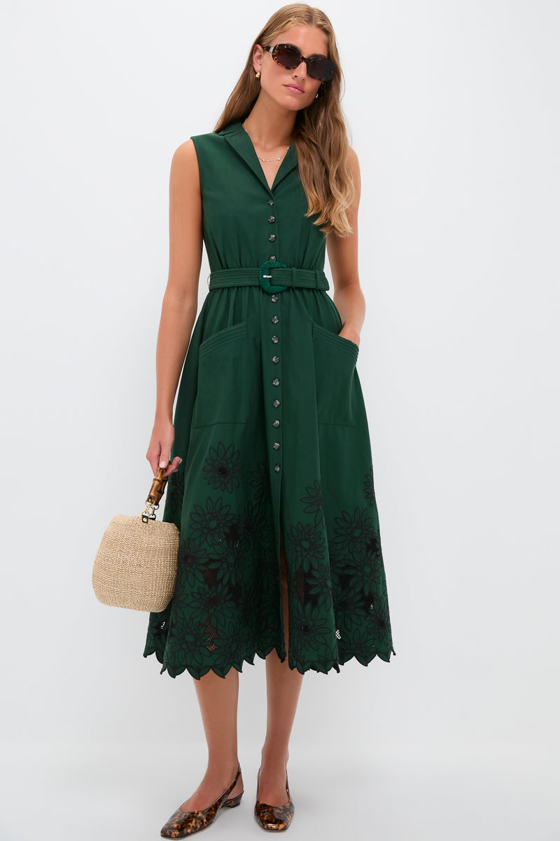 Pine Green Embroidered Kirat Midi Dress