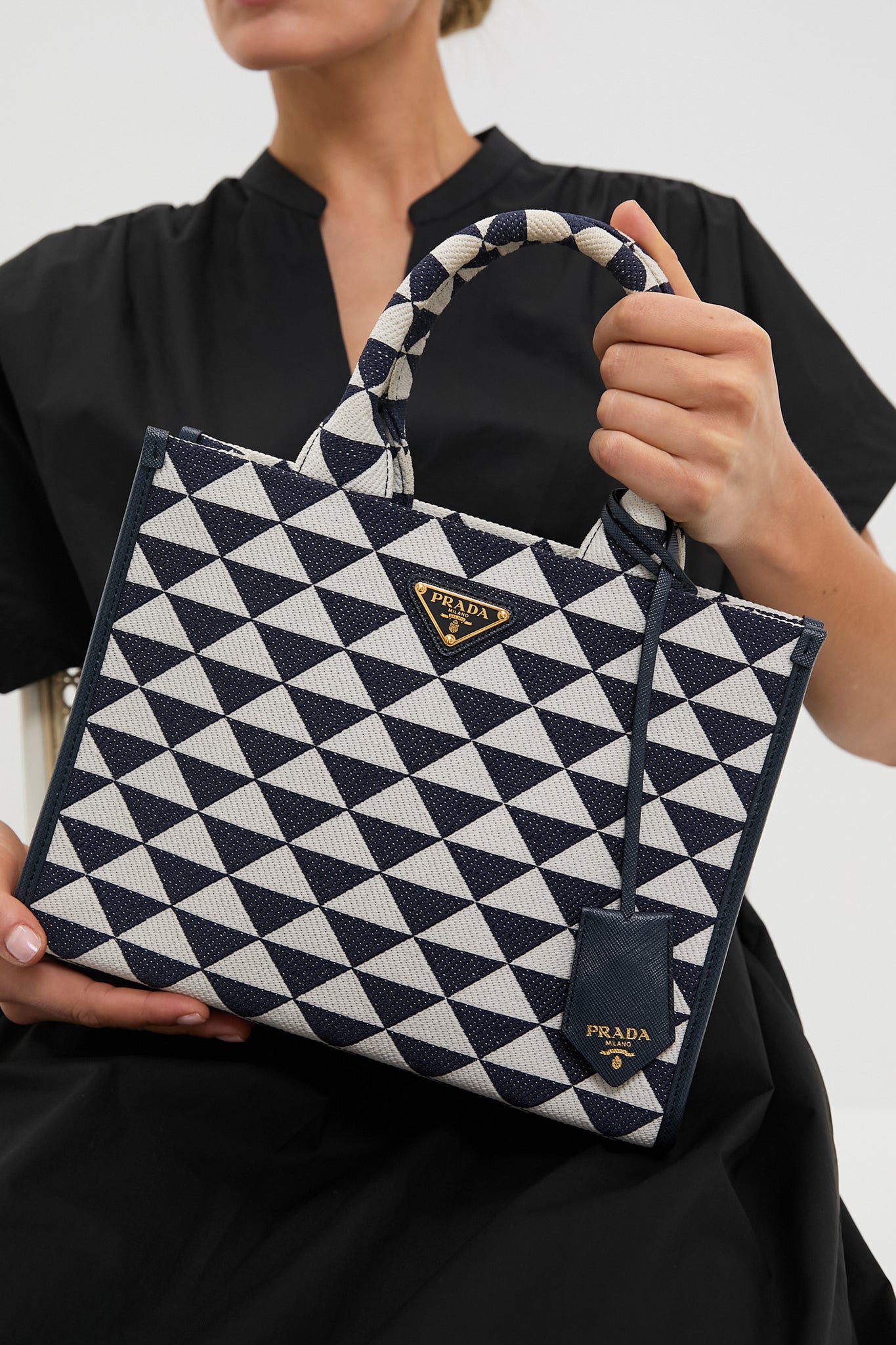 PRADA Navy White Strike Canvas Tote