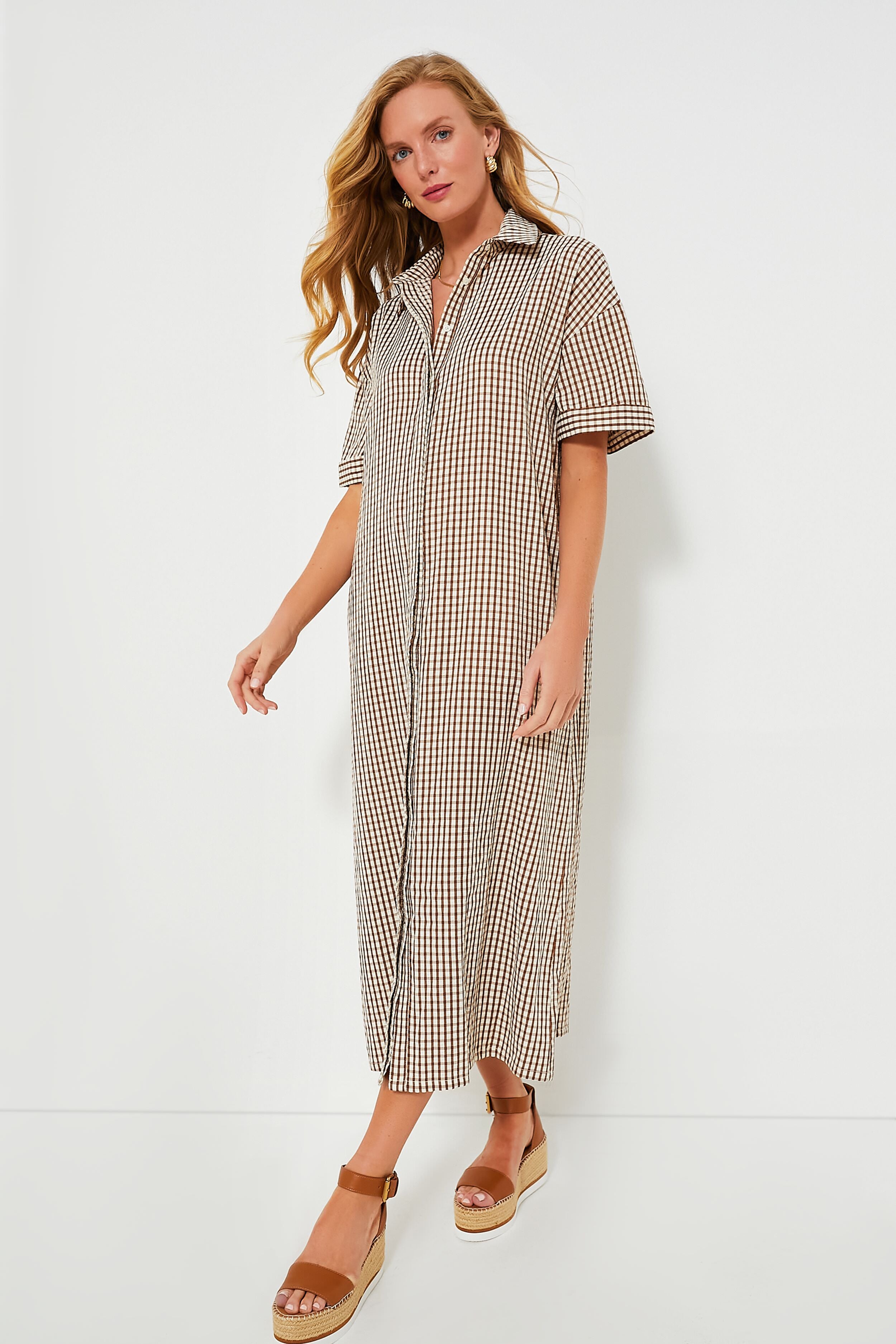 Brown Gingham Seersucker Zacara Dress Pomander Place Light Brown Gingham / XS