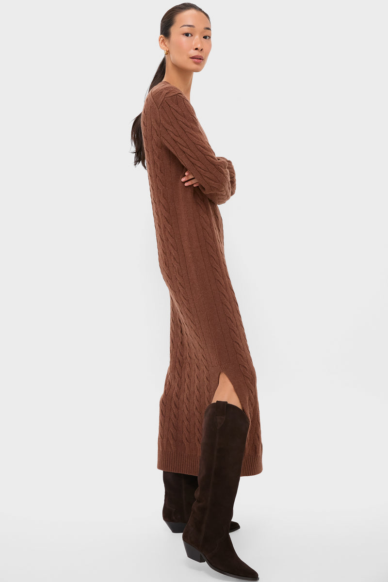 Gingerbread Brown Melange Alpaca Blend Sweater V-Neck Long Sleeve Dress