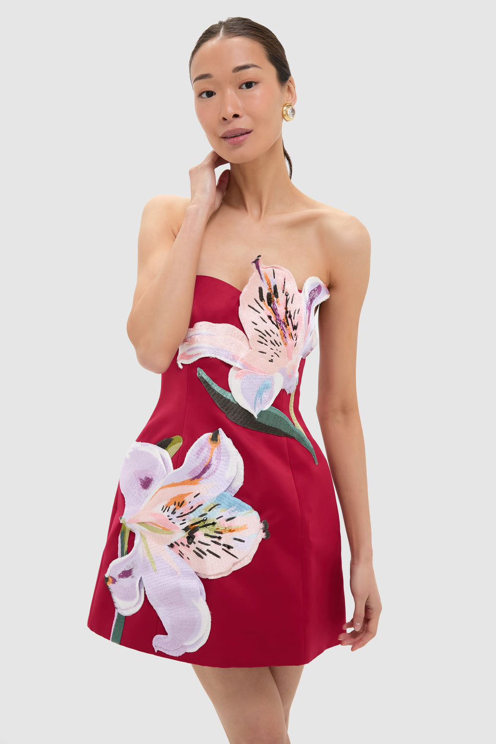 Burgundy Lily Print Rosario Applique Floral Bustier Mini Dress | Leo Lin Burgundy Lily Print Rosario Applique Floral Bustier Mini Dress | Leo Lin