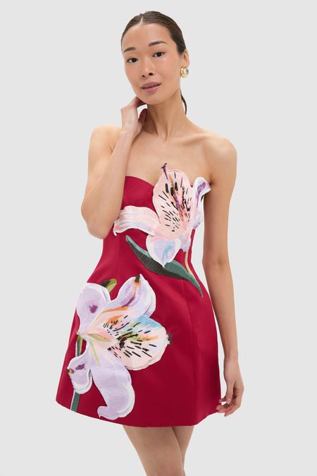 Burgundy Lily Print Rosario Applique Floral Bustier Mini Dress