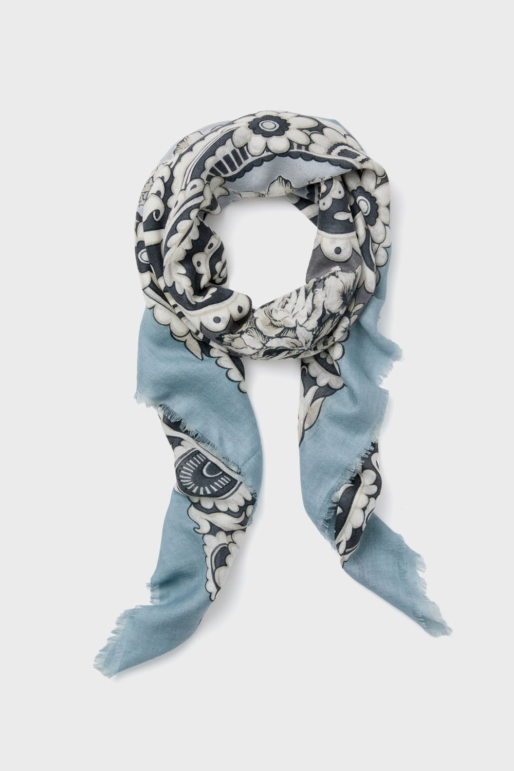 Blue Filigree Silk Cashmere Blend Large Scarf