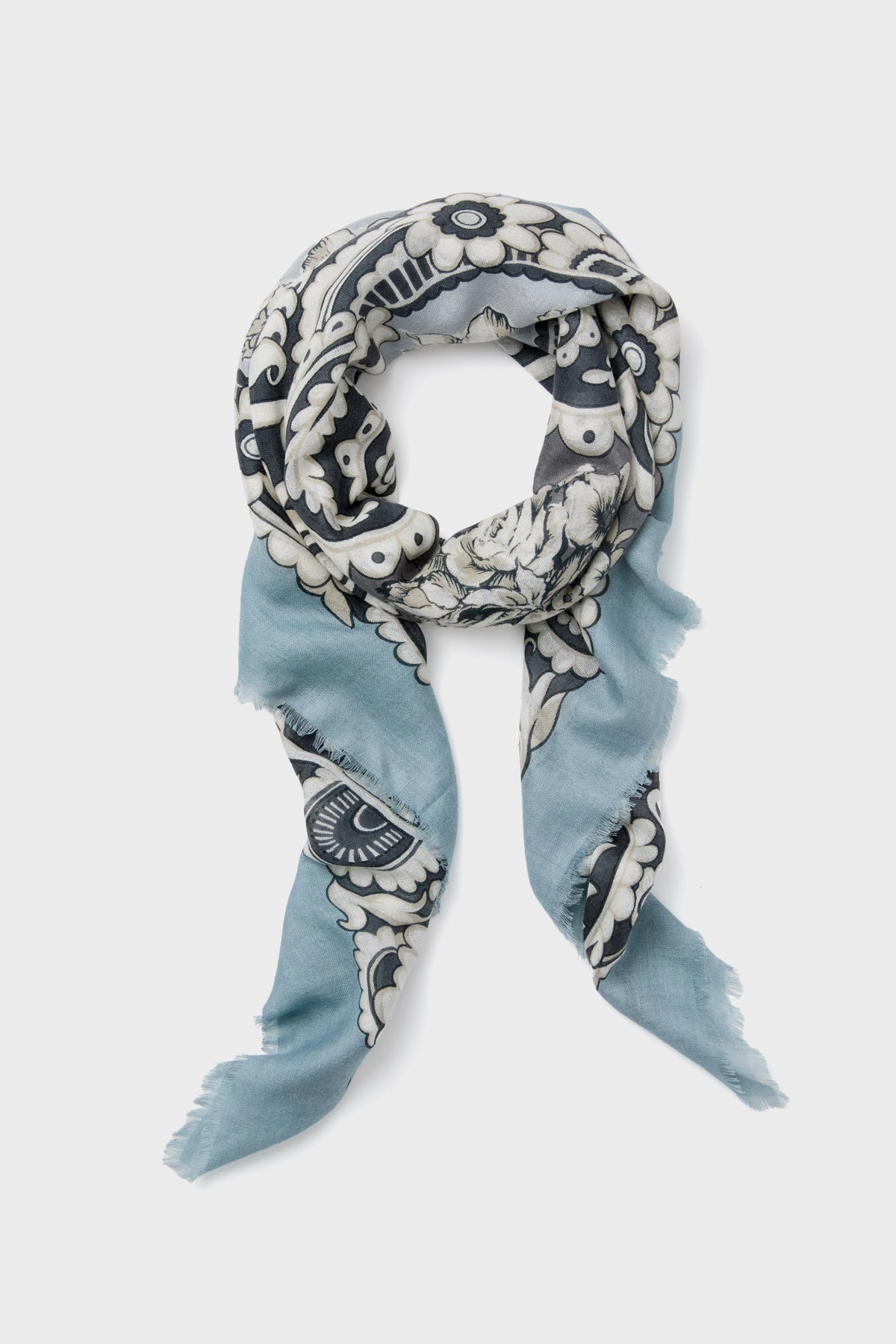 Blue Filigree Silk Cashmere Blend Large Scarf